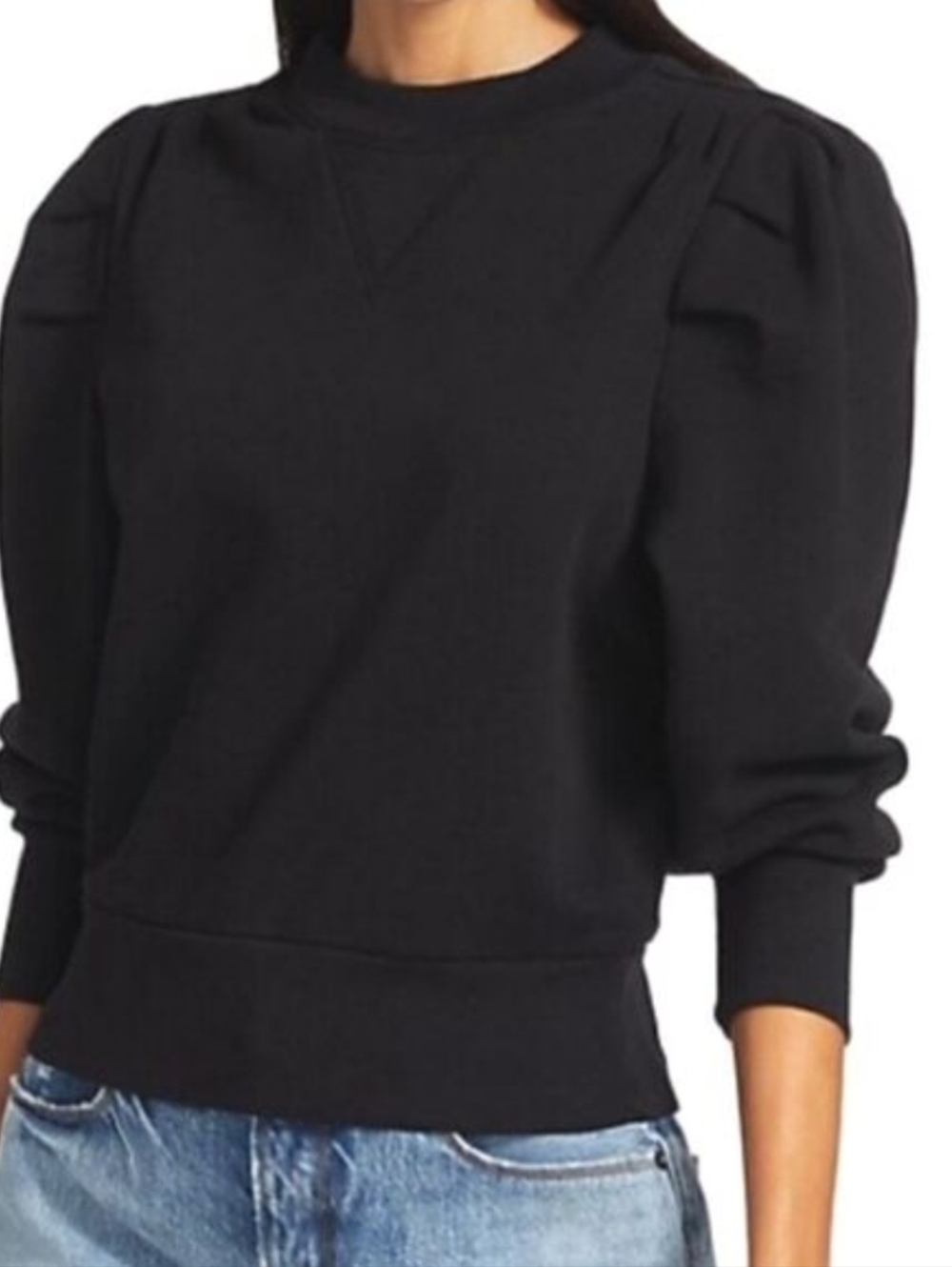 Frame Denim Black Shirred Sleeve Ribbed Crewneck Pullover Sweatshirt Small